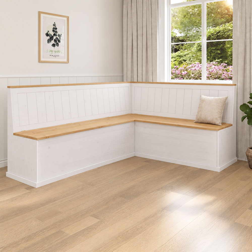 Sireon Large Wooden Corner Dining Bench in White and Wax