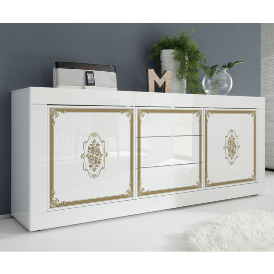 Product photograph of Sisseton High Gloss 2 Doors And 3 Drawers Sideboard In White from Furniture in Fashion