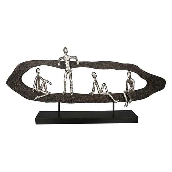 Read more about Sitting man aluminium sculpture in silver with wooden frame