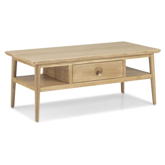 Photo of Skier wooden coffee table in light solid oak with 1 drawer