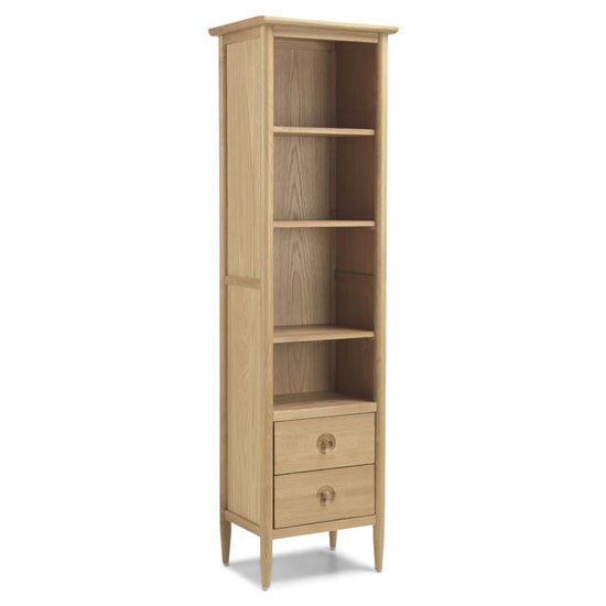 Photo of Skier wooden slim bookcase in light solid oak with 2 drawers
