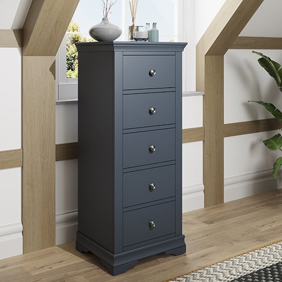 Photo of Skokie narrow wooden chest of 5 drawers in midnight grey