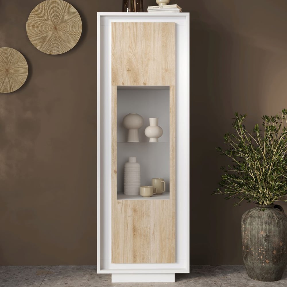 Skokie Wooden Display Cabinet With 1 Door In Matt White And Cadiz
