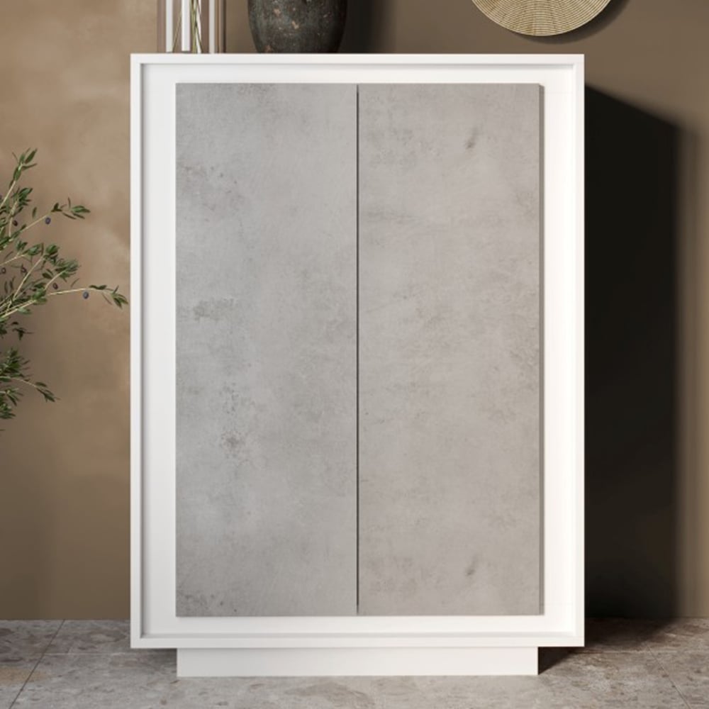 Skokie Wooden Highboard With 2 Doors In Matt White And Cement