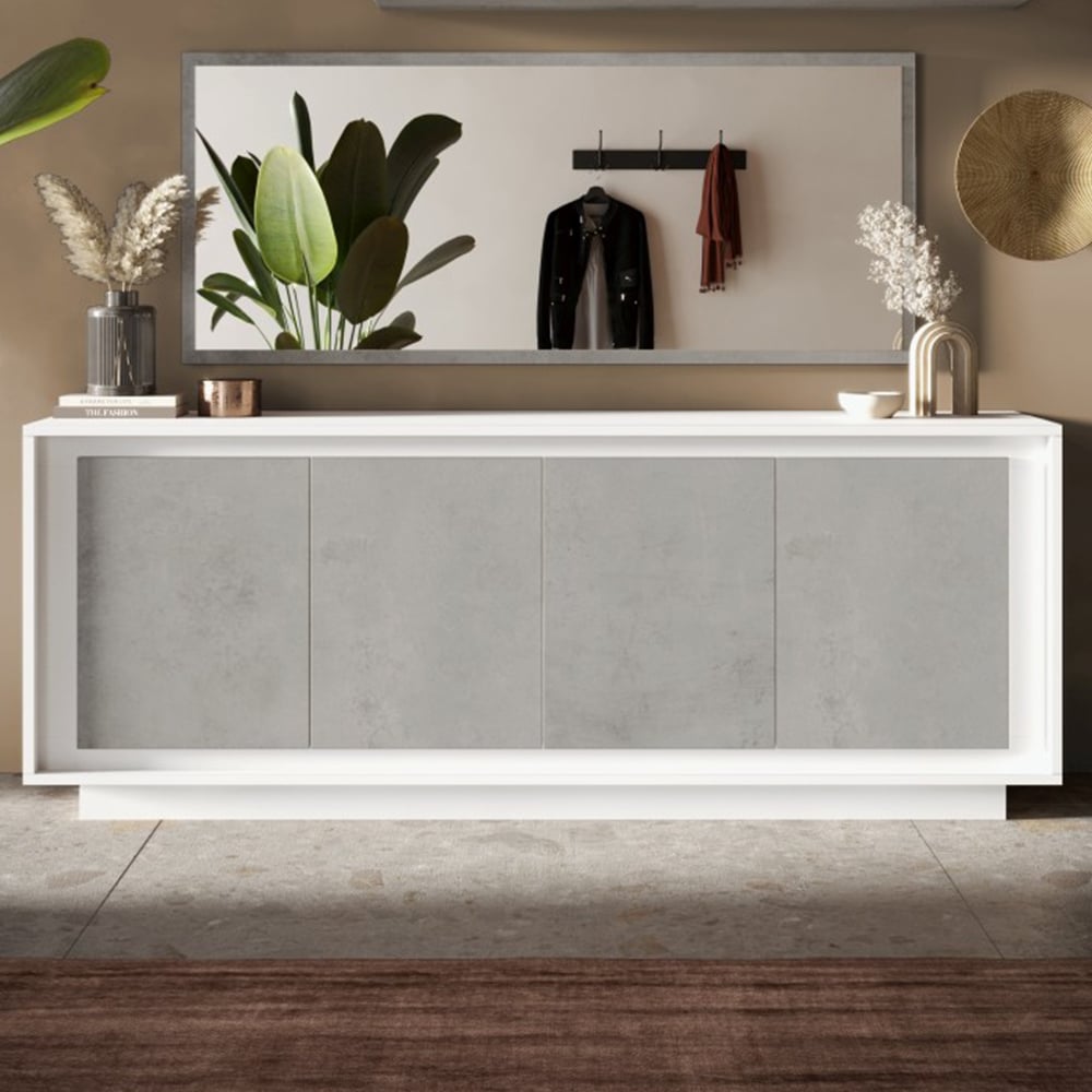 Skokie Wooden Sideboard With 4 Doors In Matt White And Cement