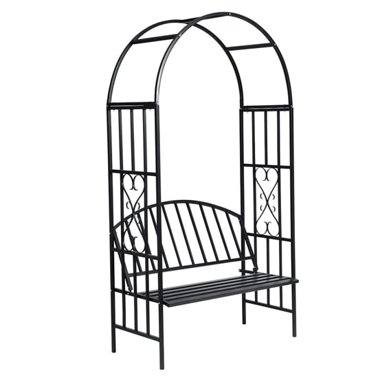 Photo of Skylar metal garden seating bench with rose arch in black