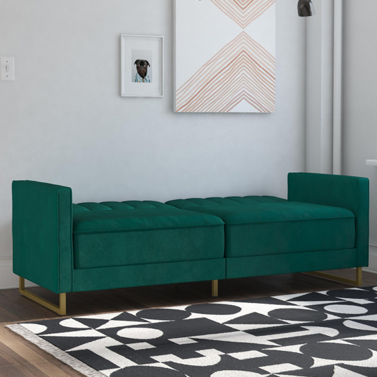 Necton Velvet Upholstered Sofa Bed In Green With Gold Legs_2