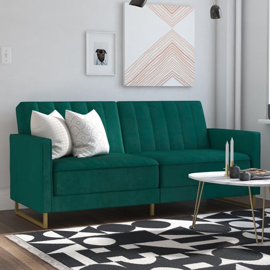 Necton Velvet Upholstered Sofa Bed In Green With Gold Legs_1