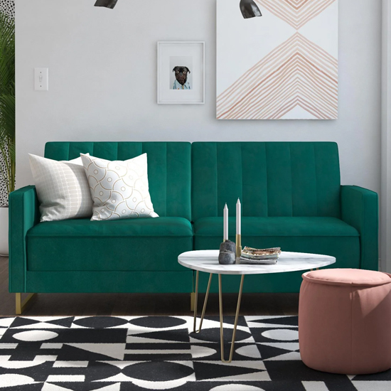 Sabinal Velvet Sofa Bed With Gold Metal Legs In Green