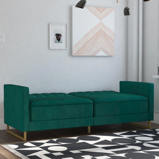 Sabinal Velvet Sofa Bed With Gold Metal Legs In Green