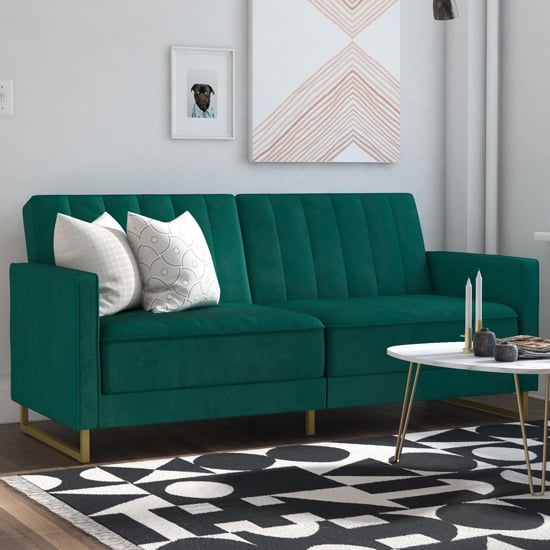 Product photograph of Skylark Velvet Sofa Bed With Gold Metal Legs In Green from Furniture in Fashion