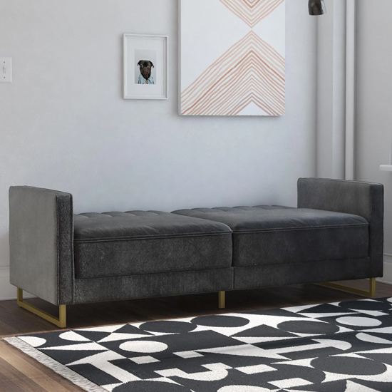 Sabinal Velvet Sofa Bed With Gold Metal Legs In Grey