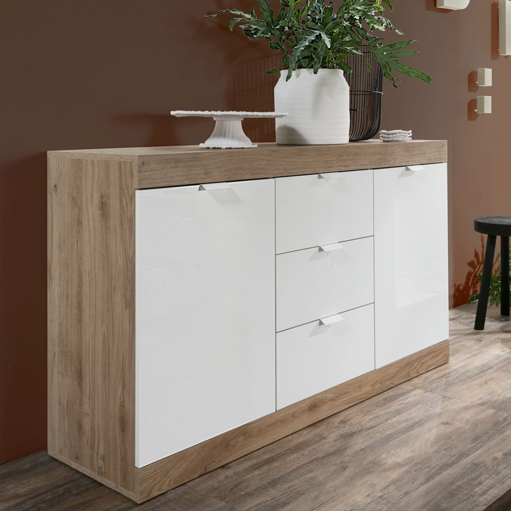 Read more about Slave small gloss sideboard 2 doors 3 drawers in white and cadiz