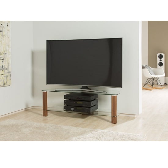 Product photograph of Clevedon Large Clear Glass Tv Stand With Walnut Frame from Furniture in Fashion