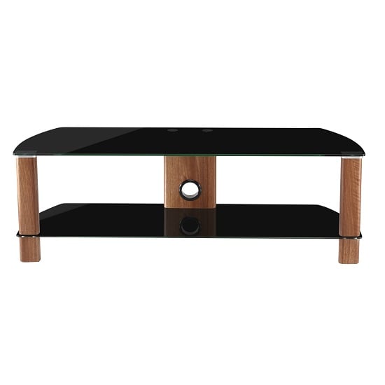 Photo of Clevedon small black glass tv stand with walnut frame