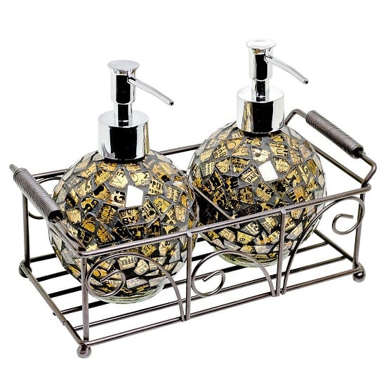 Read more about Ravello pair of mosiac glass soap dispenser in gold with basket