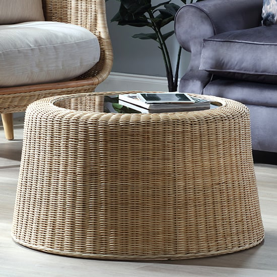 Product photograph of Sohag Woven Round Clear Glass Top Coffee Table With Rattan Base from Furniture in Fashion