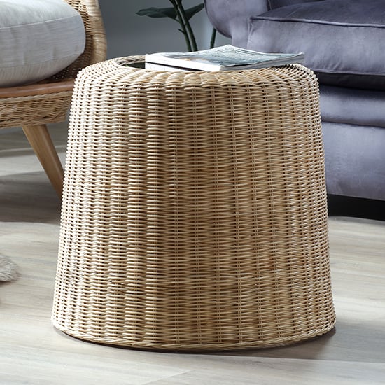 Photo of Sohag woven round clear glass top side table with rattan base