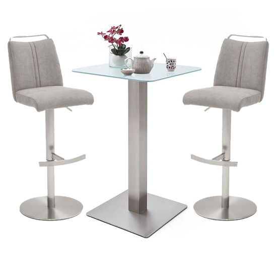 Soho White Glass Bar Table With 2 Giulia Ice Grey Fabric Stools Furniture in Fashion