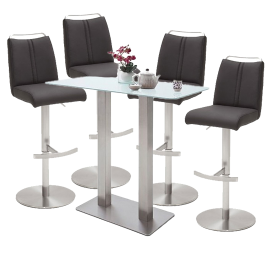 Soho White Glass Bar Table 4 Giulia Leather Anthracite Stools