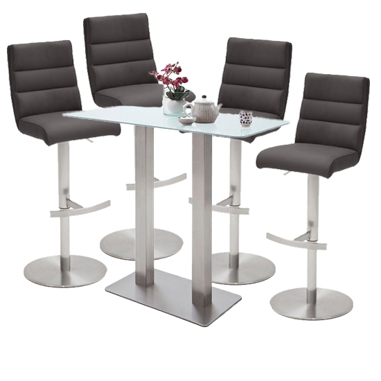 Soho White Glass Bar Table 4 Hiulia Anthracite Leather Stools