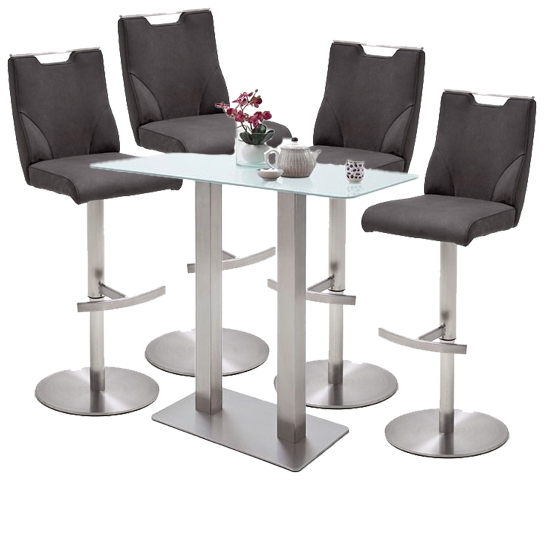 Soho White Glass Bar Table 4 Jiulia Leather Anthracite Stools