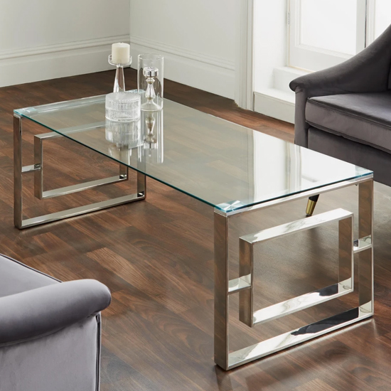 Solana Clear Glass Coffee Table With Silver Metal Frame thumbnail