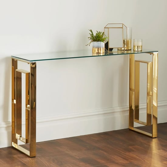 Photo of Solana clear glass console table with gold metal frame