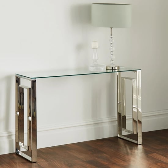 Product photograph of Solana Clear Glass Console Table With Silver Metal Frame from Furniture in Fashion