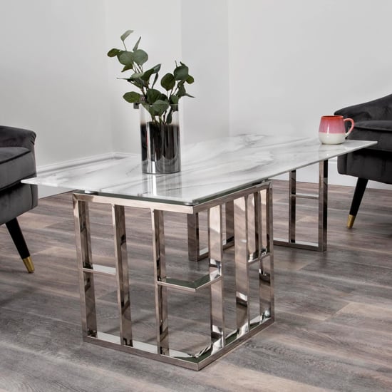 Solana Marble Effect Glass Top Coffee Table With Silver Frame_1