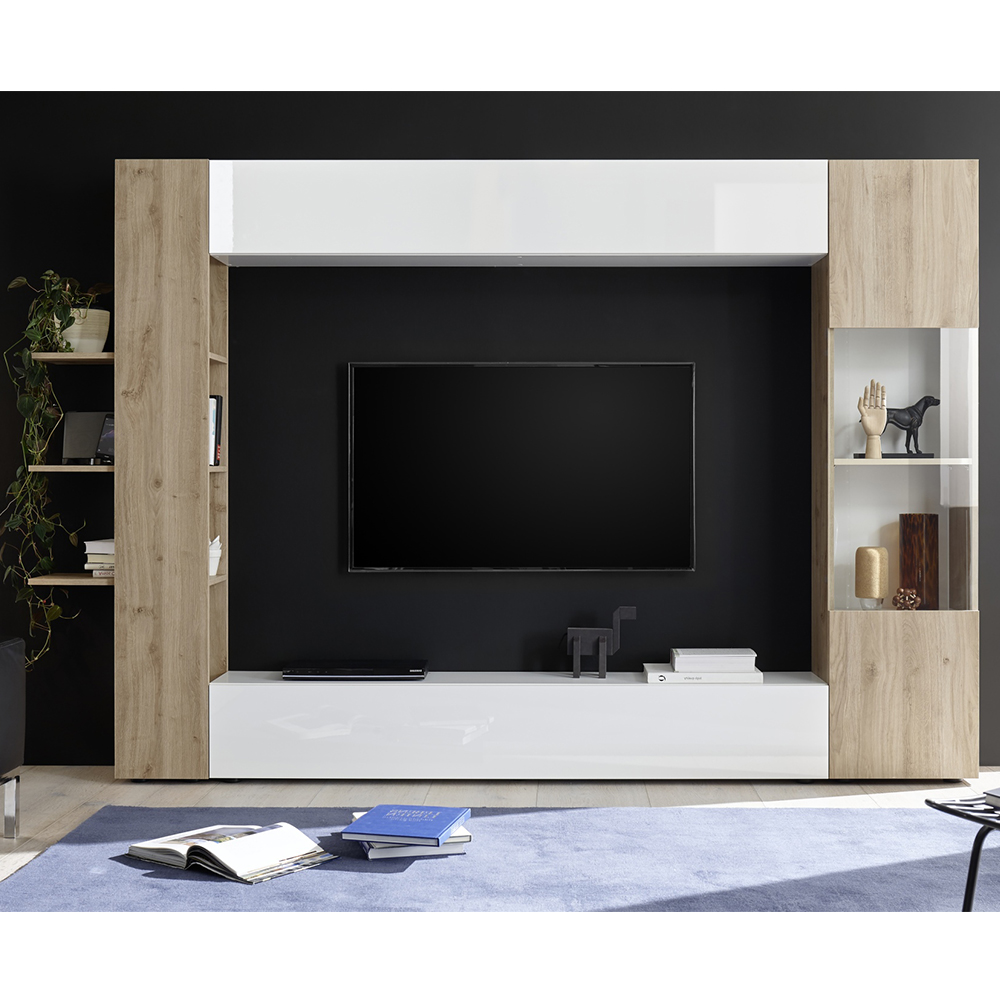 Solana White High Gloss Entertainment Unit In Cadiz Oak