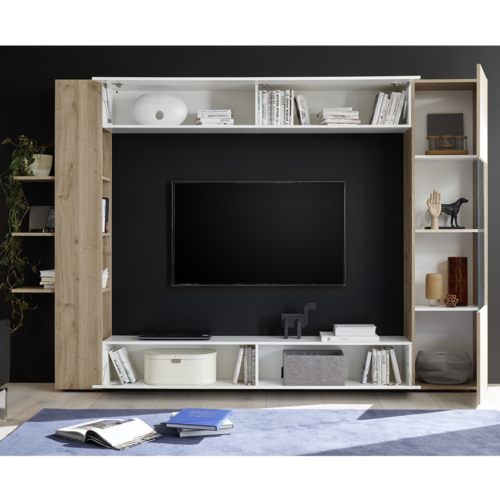 Solana White High Gloss Entertainment Unit In Cadiz Oak