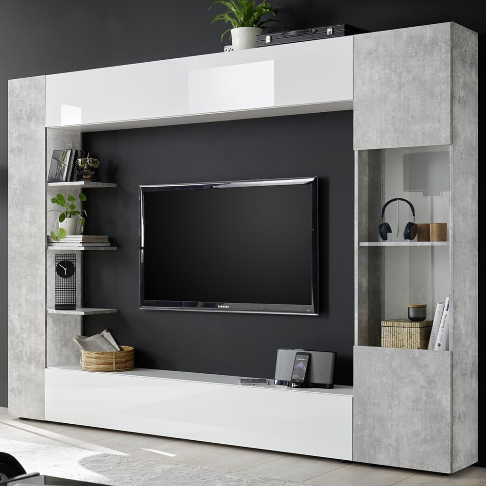 Solana White High Gloss Entertainment Unit In Cement