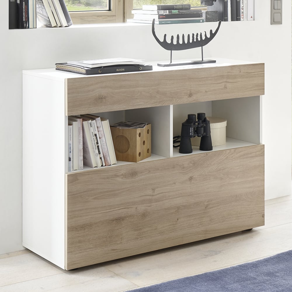 Solana White High Gloss Sideboard With 1 Drawer In Cadiz Oak