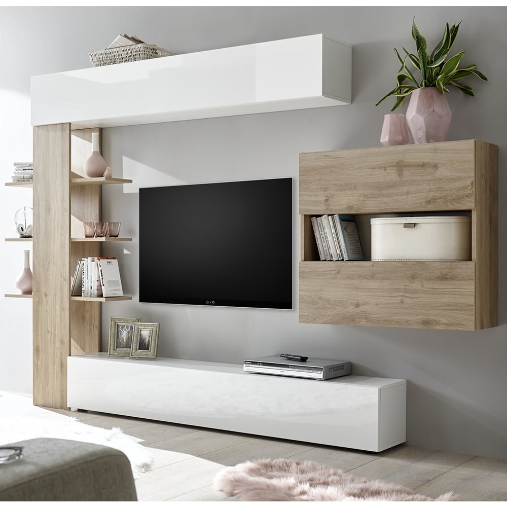 Solana White High Gloss Wall Entertainment Unit In Cadiz Oak