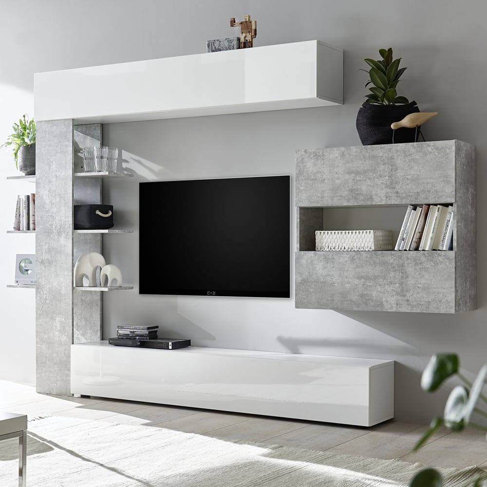 Solana White High Gloss Wall Entertainment Unit In Cement