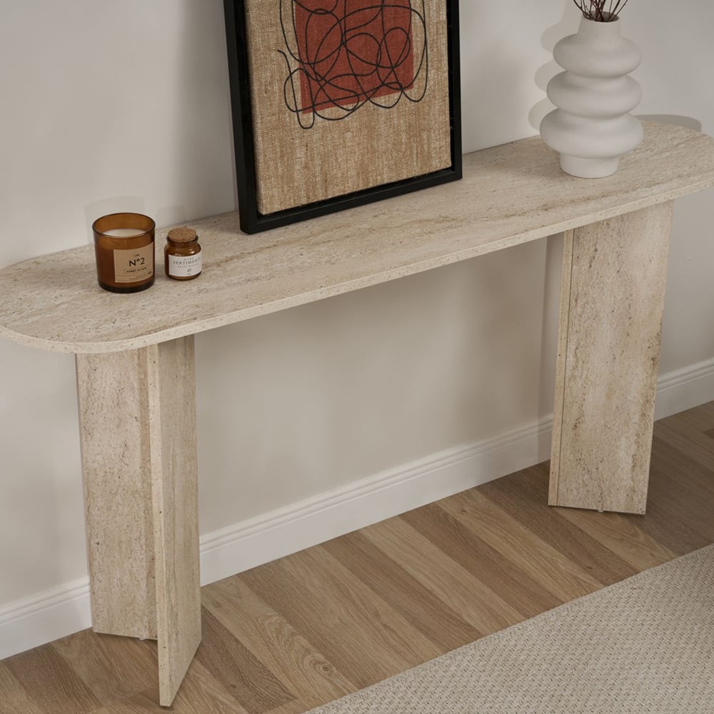 Solea Oval Wooden Console Table In Travertine Marble Effect
