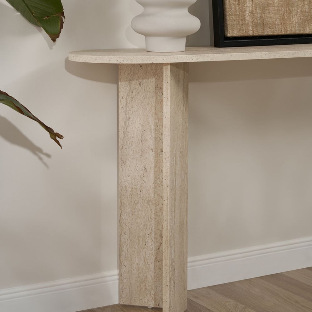 Solea Oval Wooden Console Table In Travertine Marble Effect