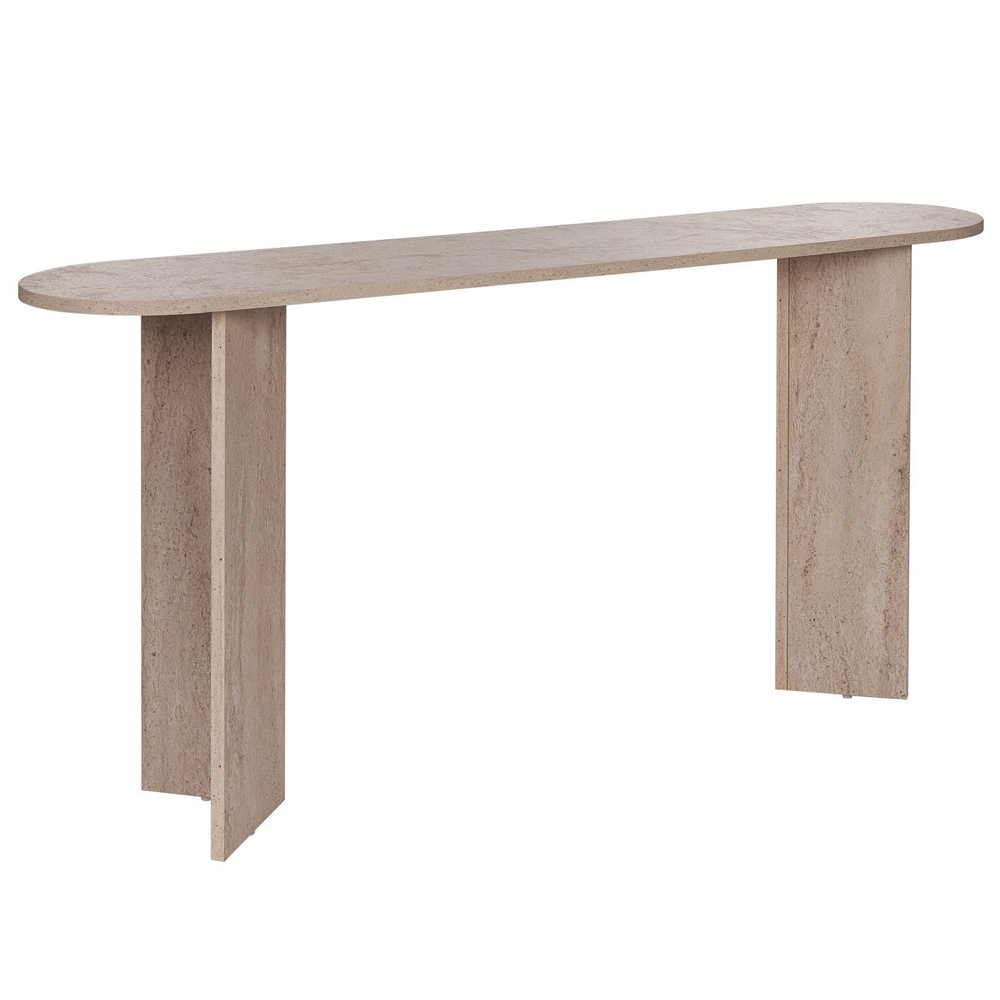 Solea Oval Wooden Console Table In Travertine Marble Effect