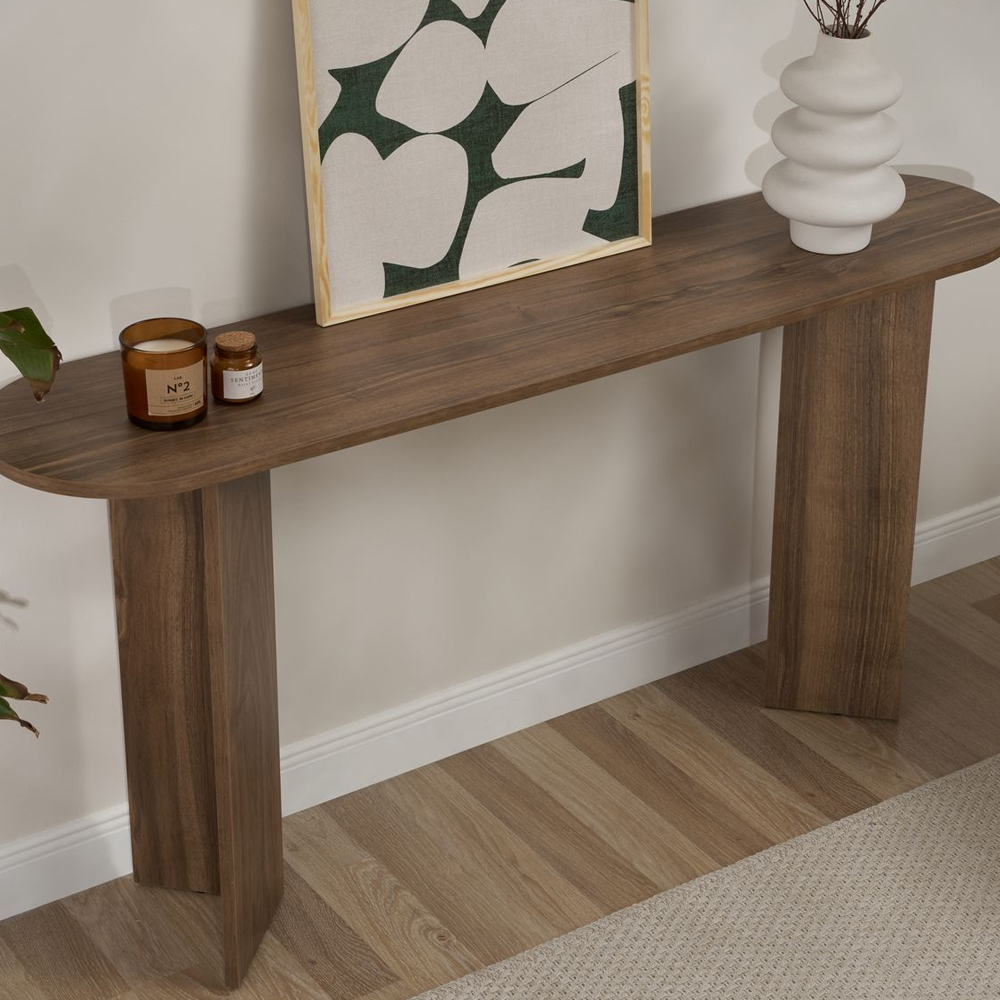 Solea Oval Wooden Console Table In Venezia Walnut