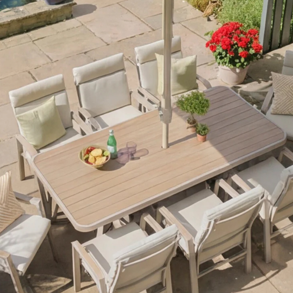 Solein Garden Aluminium Frame Dining Set with Deluxe 2.0 x 3.0m Parasol in Taupe