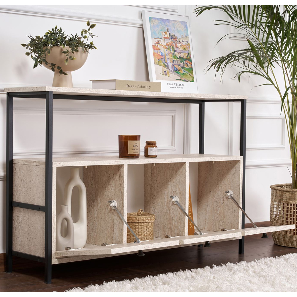 Solero Wooden Console Table with Metal Frame in Travertine Marble Effect and Black