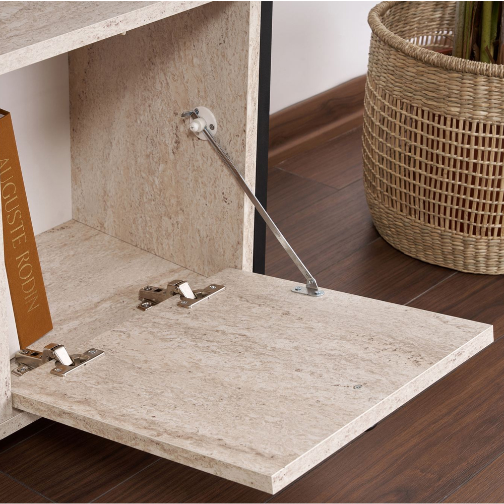 Solero Wooden Console Table with Metal Frame in Travertine Marble Effect and Black