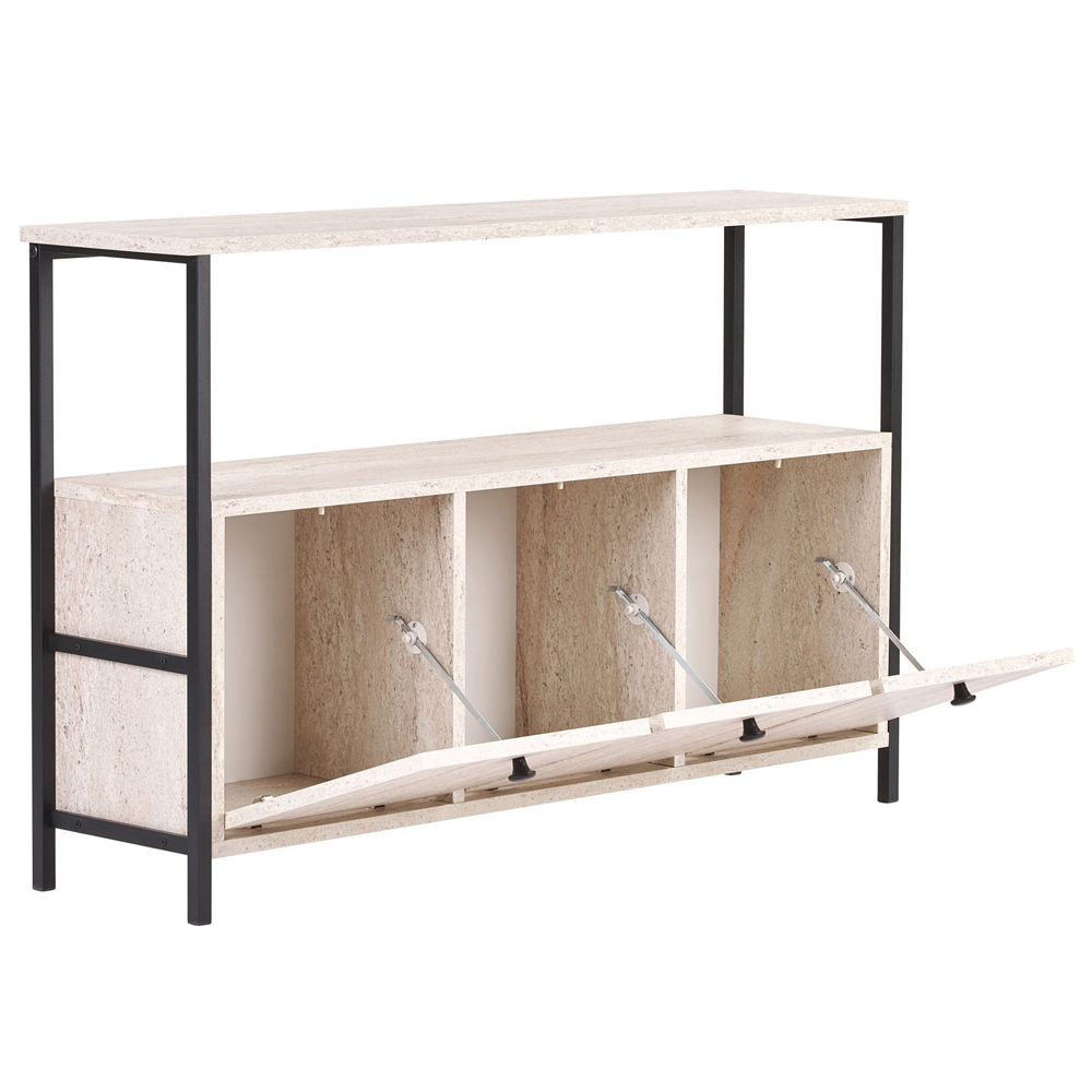 Solero Wooden Console Table with Metal Frame in Travertine Marble Effect and Black