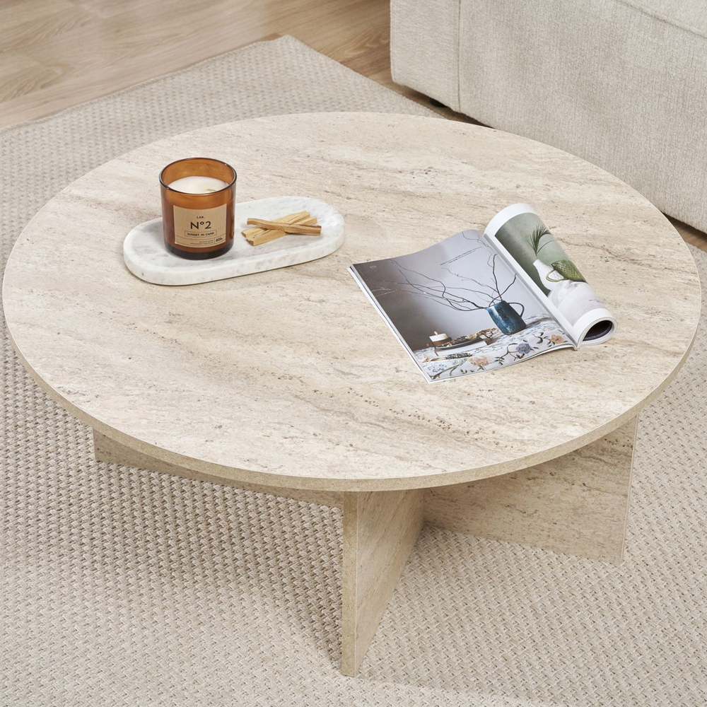 Soleva Round Wooden Coffee Table in Travertine Marble Effect