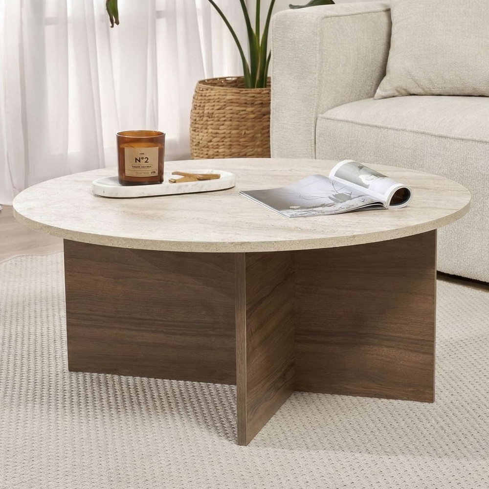 Soleva Round Wooden Coffee Table in Travertine Marble Effect and Walnut
