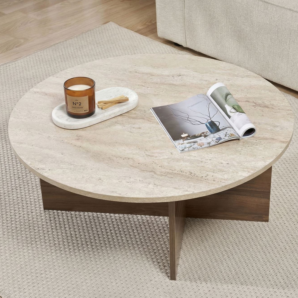 Soleva Round Wooden Coffee Table in Travertine Marble Effect and Walnut