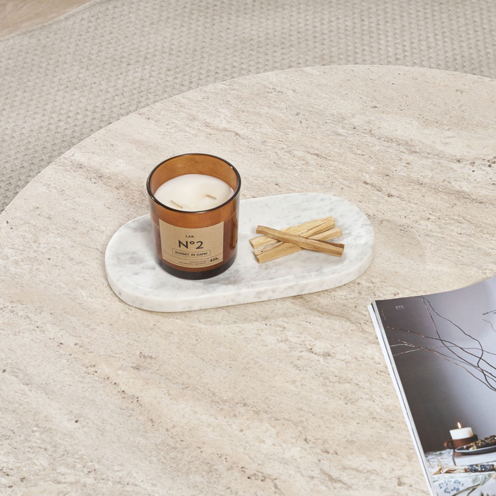 Soleva Round Wooden Coffee Table in Travertine Marble Effect and Walnut