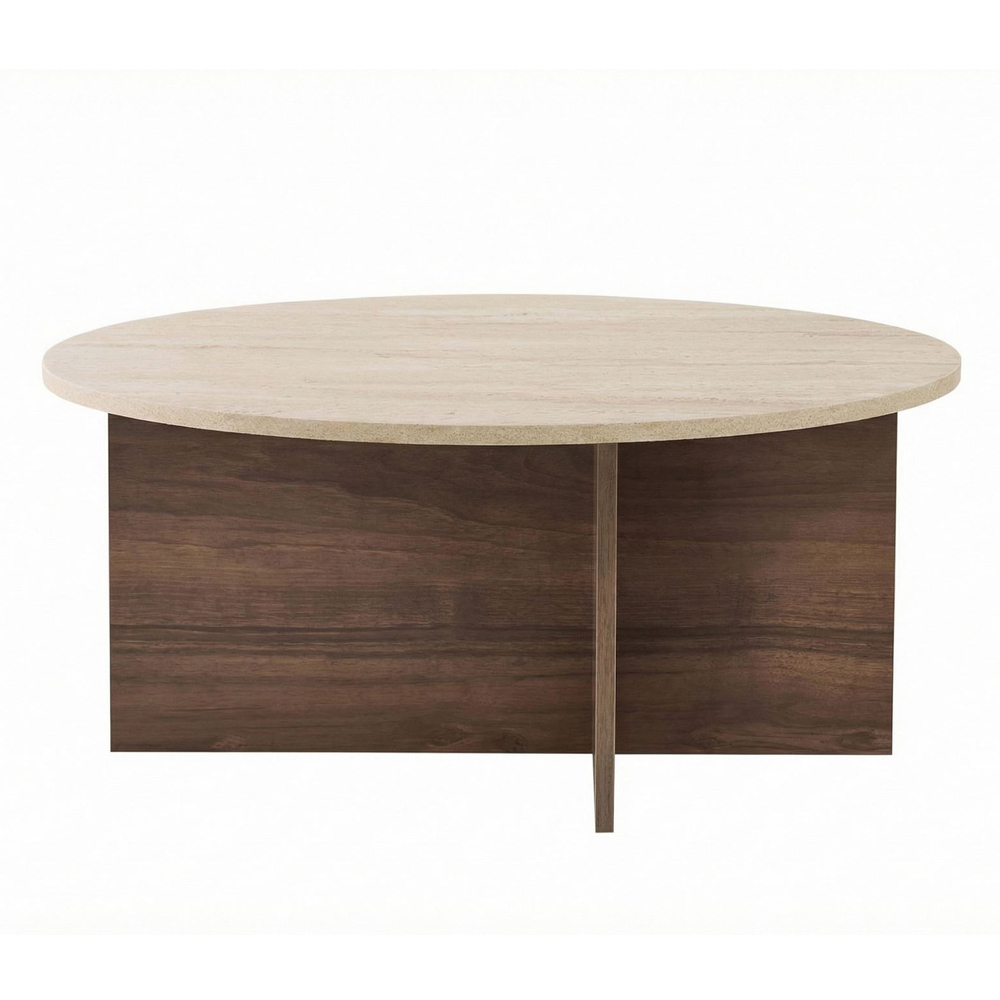 Soleva Round Wooden Coffee Table in Travertine Marble Effect and Walnut