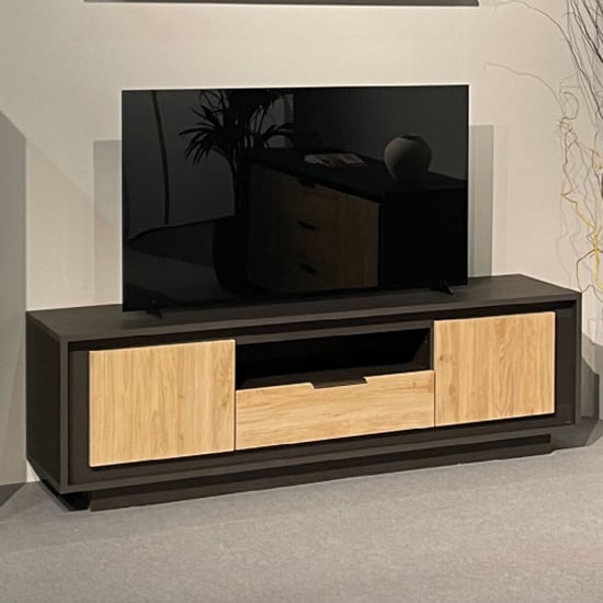 Product photograph of Soller Wooden Tv Stand 2 Doors 1 Drawer In Black Lava Cadiz Oak from Furniture in Fashion